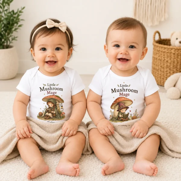 Personalized Mushroom Mage Baby Bodysuit or Toddler Shirt — baby bodysuit mockup personalized mushroom mage baby bodysuit model mockup