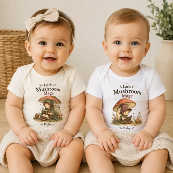 Personalized Mushroom Mage Baby Bodysuit or Toddler Shirt — baby bodysuit mockup personalized mushroom mage baby bodysuit model mockup