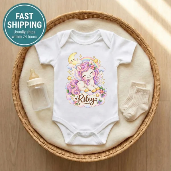 Personalized Pegasus Baby Bodysuit, Fantasy Toddler Shirt, Kids Gift — baby bodysuit mockup personalized pegasus baby bodysuit front view