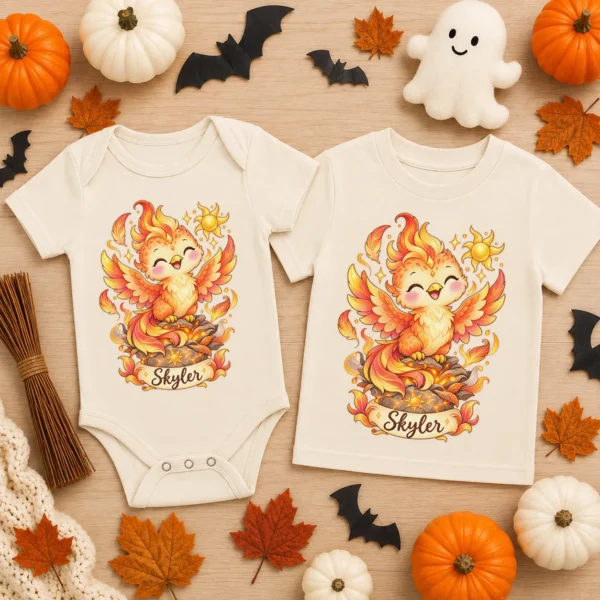 Personalized Phoenix Baby Bodysuit, Mythical Toddler Shirt, Kids Gift — baby bodysuit mockup personalized phoenix baby bodysuit flat lay view
