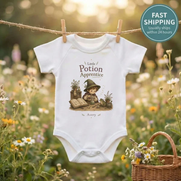 Personalized Potion Apprentice Baby Bodysuit, Boy or Girl — baby bodysuit mockup personalized potion apprentice baby bodysuit mockup view