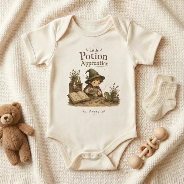 Personalized Potion Apprentice Baby Bodysuit, Boy or Girl — baby bodysuit mockup personalized potion apprentice baby bodysuit product photo