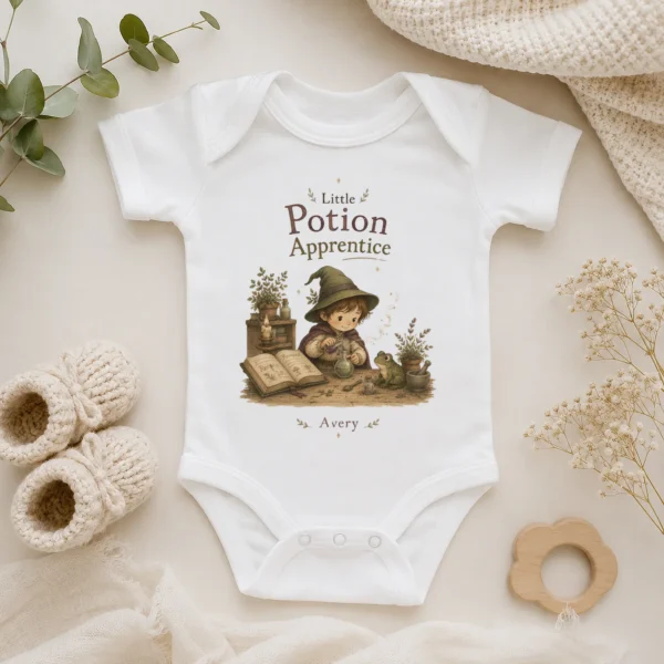 Personalized Potion Apprentice Baby Bodysuit, Boy or Girl — alternate product mockup personalized potion apprentice baby bodysuit alternate angle