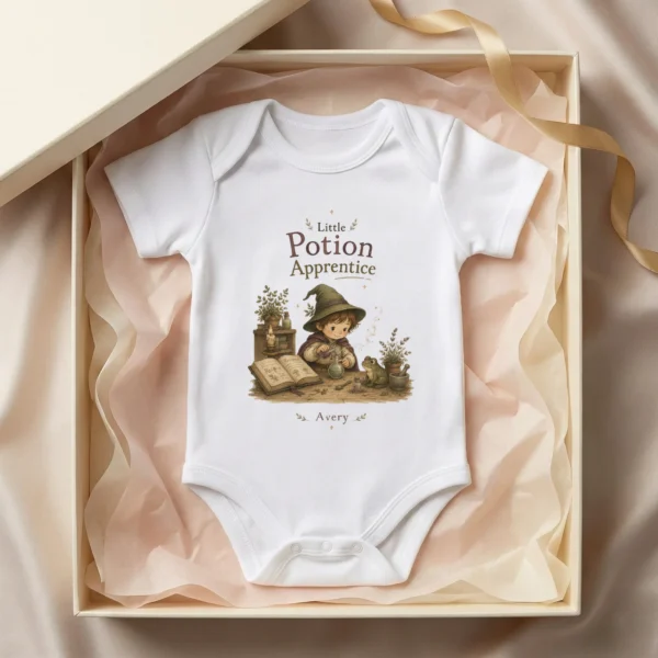 Personalized Potion Apprentice Baby Bodysuit, Boy or Girl — baby bodysuit mockup personalized potion apprentice baby bodysuit lifestyle scene