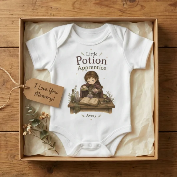 Personalized Potion Apprentice Baby Bodysuit, Boy or Girl — baby bodysuit mockup personalized potion apprentice baby bodysuit product photo