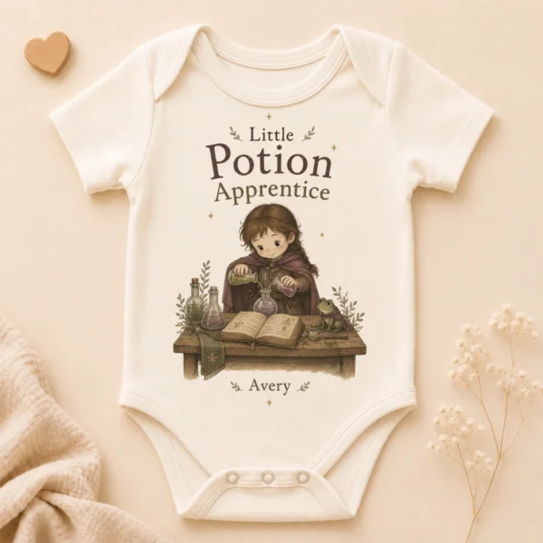 Personalized Potion Apprentice Baby Bodysuit, Boy or Girl — alternate product mockup personalized potion apprentice baby bodysuit product photo