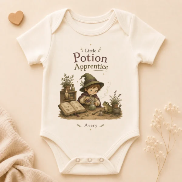 Personalized Potion Apprentice Baby Bodysuit, Boy or Girl — alternate product mockup personalized potion apprentice baby bodysuit product photo