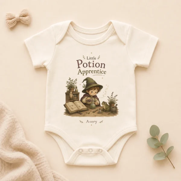 Personalized Potion Apprentice Baby Bodysuit, Boy or Girl — alternate product mockup personalized potion apprentice baby bodysuit product photo