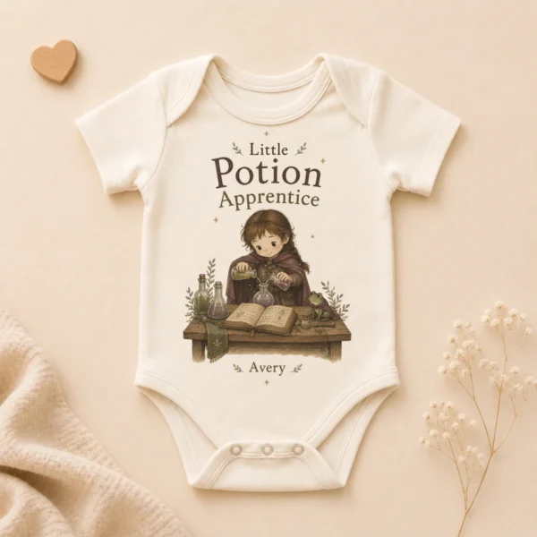 Personalized Potion Apprentice Baby Bodysuit, Boy or Girl — alternate product mockup personalized potion apprentice baby bodysuit mockup view