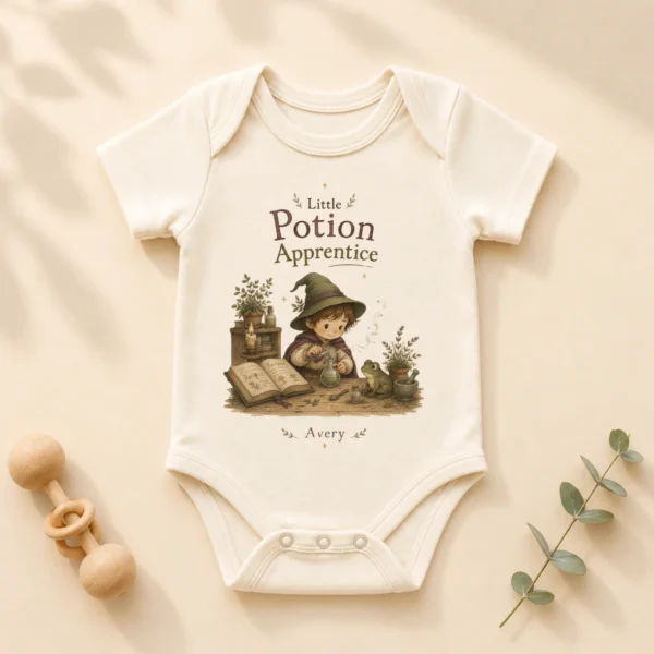 Personalized Potion Apprentice Baby Bodysuit, Boy or Girl — alternate product mockup personalized potion apprentice baby bodysuit product photo