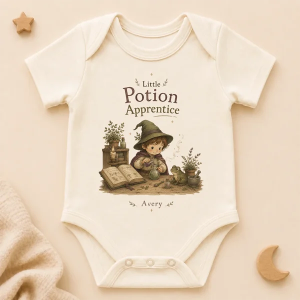 Personalized Potion Apprentice Baby Bodysuit, Boy or Girl — alternate product mockup personalized potion apprentice baby bodysuit product photo