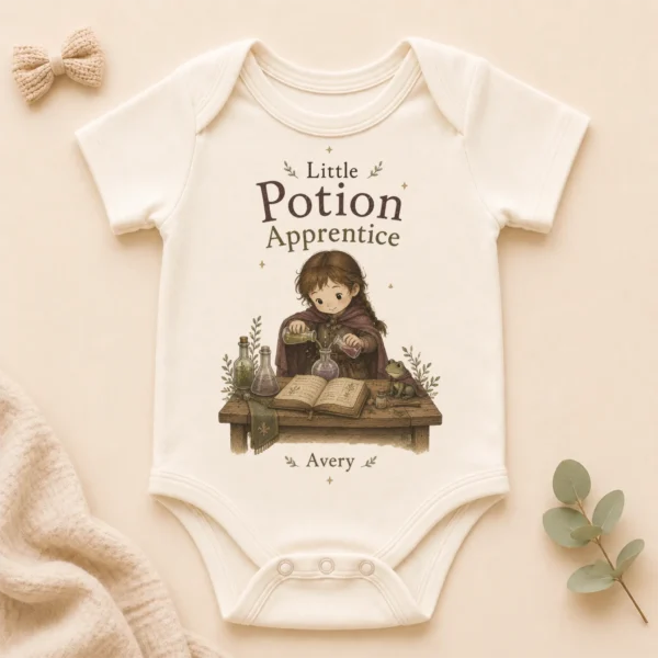 Personalized Potion Apprentice Baby Bodysuit, Boy or Girl — alternate product mockup personalized potion apprentice baby bodysuit product photo