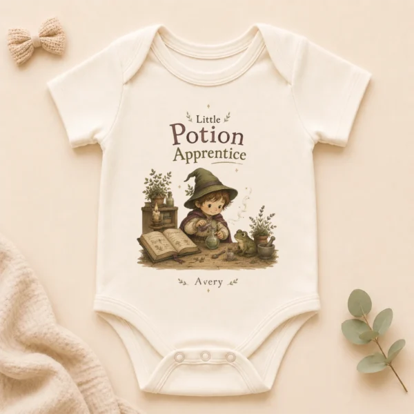 Personalized Potion Apprentice Baby Bodysuit, Boy or Girl — alternate product mockup personalized potion apprentice baby bodysuit product photo