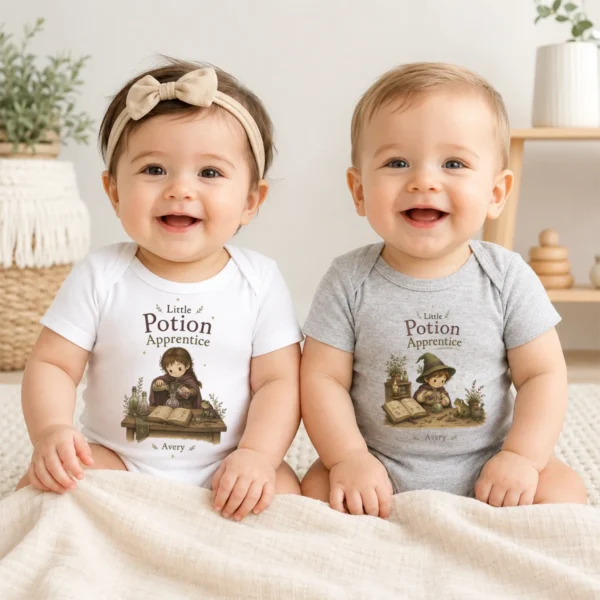 Personalized Potion Apprentice Baby Bodysuit, Boy or Girl — baby bodysuit mockup personalized potion apprentice baby bodysuit model mockup