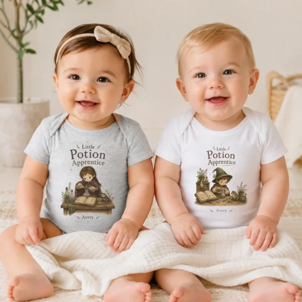 Personalized Potion Apprentice Baby Bodysuit, Boy or Girl — baby bodysuit mockup personalized potion apprentice baby bodysuit model mockup