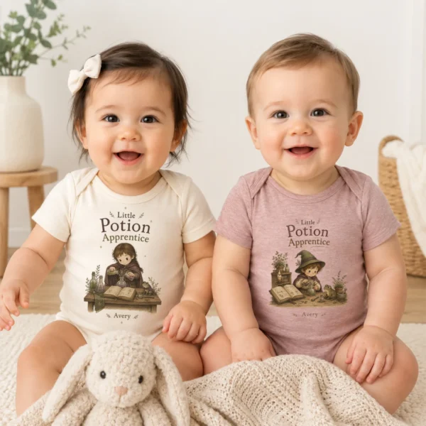 Personalized Potion Apprentice Baby Bodysuit, Boy or Girl — baby bodysuit mockup personalized potion apprentice baby bodysuit model mockup