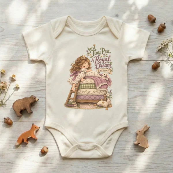 Personalized Princess and Pea Baby Bodysuit or Toddler Shirt, Birthday — baby bodysuit mockup personalized princess pea baby bodysuit product photo
