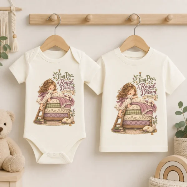 Personalized Princess and Pea Baby Bodysuit or Toddler Shirt, Birthday — baby bodysuit mockup personalized princess pea baby bodysuit product photo