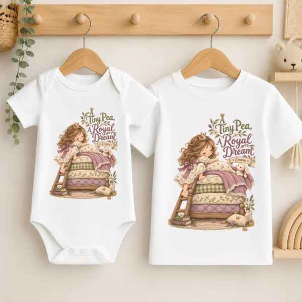 Personalized Princess and Pea Baby Bodysuit or Toddler Shirt, Birthday — baby bodysuit mockup personalized princess pea baby bodysuit product photo