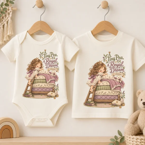 Personalized Princess and Pea Baby Bodysuit or Toddler Shirt, Birthday — baby bodysuit mockup personalized princess pea baby bodysuit product photo
