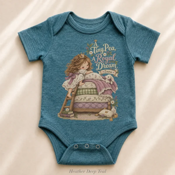 Personalized Princess and Pea Baby Bodysuit or Toddler Shirt, Birthday — alternate product mockup personalized princess pea baby bodysuit styled product photo
