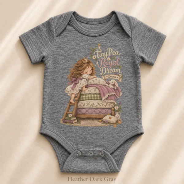 Personalized Princess and Pea Baby Bodysuit or Toddler Shirt, Birthday — alternate product mockup personalized princess pea baby bodysuit close-up detail
