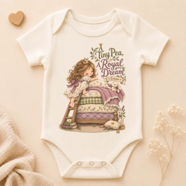 Personalized Princess and Pea Baby Bodysuit or Toddler Shirt, Birthday — alternate product mockup personalized princess pea baby bodysuit front view