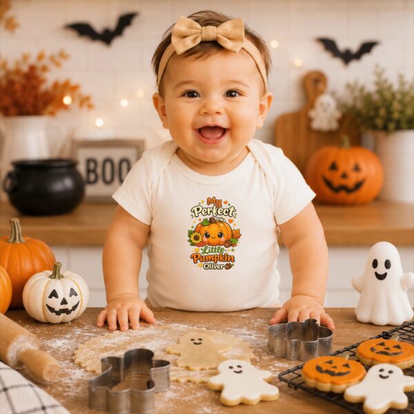 Personalized My Perfect Little Pumpkin Baby Bodysuit personalized baby bodysuit mockup view