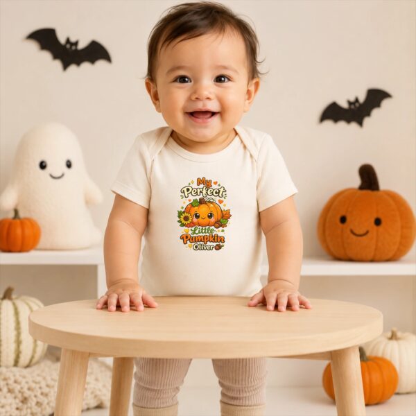 Personalized My Perfect Little Pumpkin Baby Bodysuit personalized baby bodysuit lifestyle scene