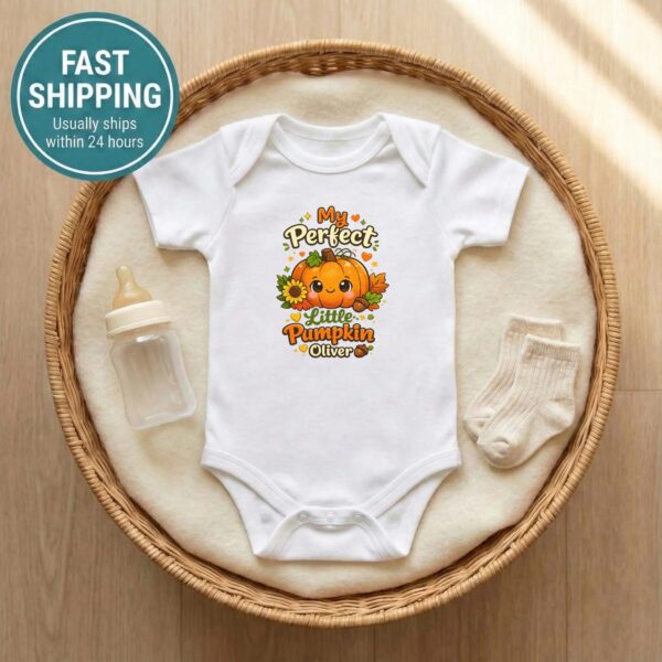 Personalized My Perfect Little Pumpkin Baby Bodysuit personalized baby bodysuit close-up detail
