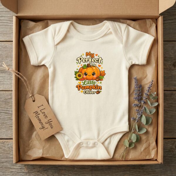 Personalized My Perfect Little Pumpkin Baby Bodysuit personalized baby bodysuit styled product photo