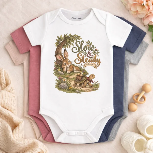 Personalized Slow & Steady Baby Bodysuit or Toddler Shirt — baby bodysuit mockup personalized slow and steady baby bodysuit color options