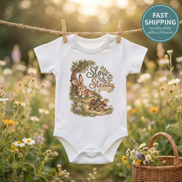 Personalized Slow & Steady Baby Bodysuit or Toddler Shirt — baby bodysuit mockup personalized slow and steady baby bodysuit product photo
