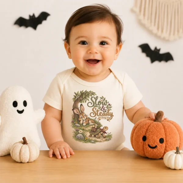 Personalized Slow & Steady Baby Bodysuit or Toddler Shirt — baby bodysuit mockup personalized slow and steady baby bodysuit close-up detail