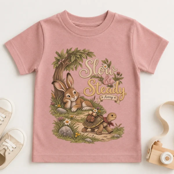 Personalized Slow & Steady Baby Bodysuit or Toddler Shirt — toddler shirt mockup personalized slow and steady baby bodysuit product photo