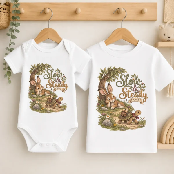 Personalized Slow & Steady Baby Bodysuit or Toddler Shirt — baby bodysuit mockup personalized slow and steady baby bodysuit lifestyle scene