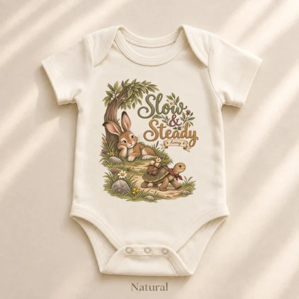 Personalized Slow & Steady Baby Bodysuit or Toddler Shirt — alternate product mockup personalized slow and steady baby bodysuit product photo