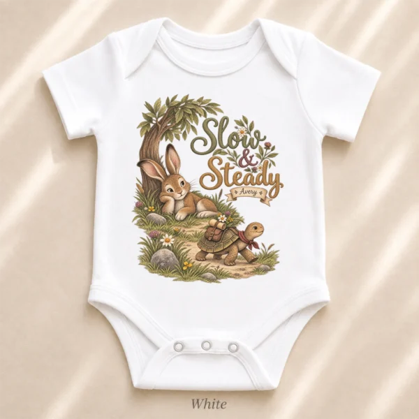 Personalized Slow & Steady Baby Bodysuit or Toddler Shirt — alternate product mockup personalized slow and steady baby bodysuit product photo