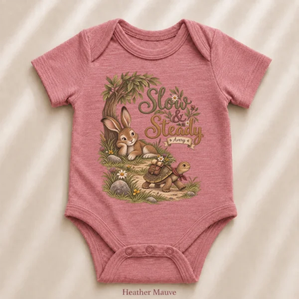 Personalized Slow & Steady Baby Bodysuit or Toddler Shirt — alternate product mockup personalized slow and steady baby bodysuit product photo