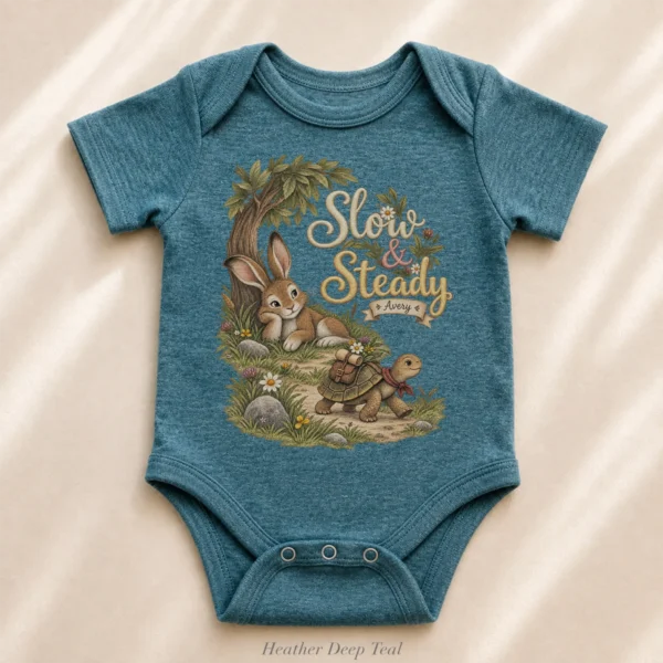 Personalized Slow & Steady Baby Bodysuit or Toddler Shirt — alternate product mockup personalized slow and steady baby bodysuit product photo