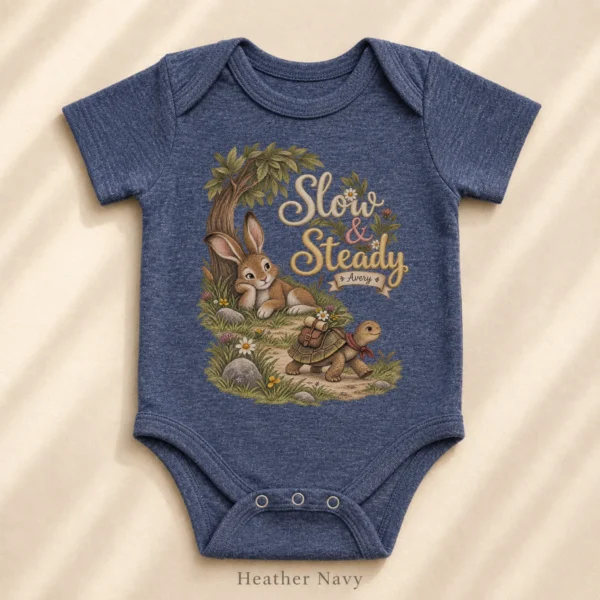 Personalized Slow & Steady Baby Bodysuit or Toddler Shirt — alternate product mockup personalized slow and steady baby bodysuit product photo
