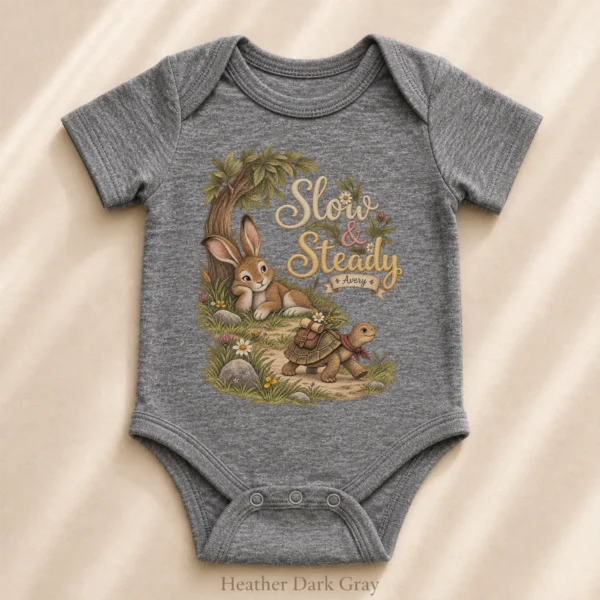 Personalized Slow & Steady Baby Bodysuit or Toddler Shirt — alternate product mockup personalized slow and steady baby bodysuit front view