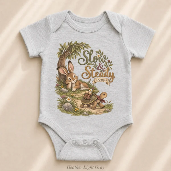 Personalized Slow & Steady Baby Bodysuit or Toddler Shirt — alternate product mockup personalized slow and steady baby bodysuit product photo
