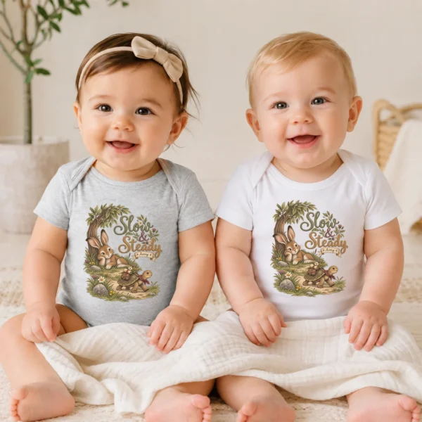 Personalized Slow & Steady Baby Bodysuit or Toddler Shirt — baby bodysuit mockup personalized slow and steady baby bodysuit model mockup