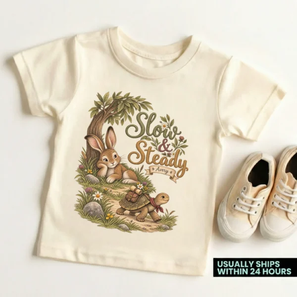 Personalized Slow & Steady Baby Bodysuit or Toddler Shirt — toddler shirt mockup personalized slow and steady baby bodysuit product photo