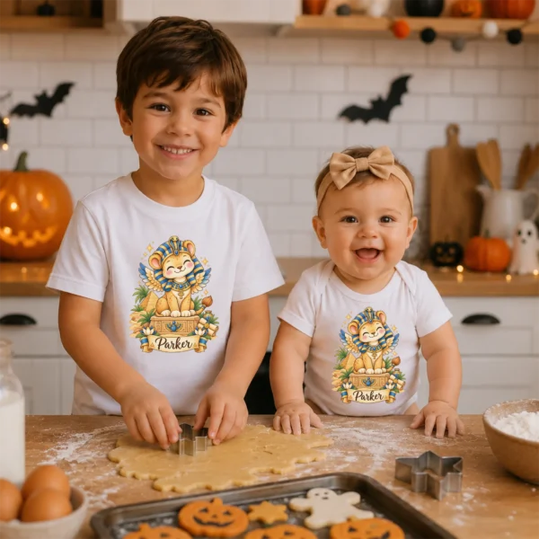 Personalized Sphinx Baby Bodysuit, Ancient Egypt Toddler Shirt — sibling matching set mockup personalized sphinx baby bodysuit close-up detail