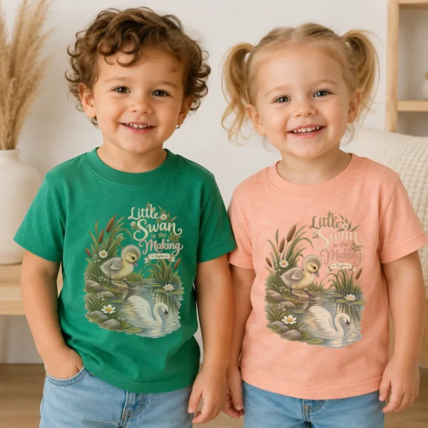Personalized Swan Baby Bodysuit or Toddler Shirt — toddler shirt mockup personalized swan baby bodysuit close-up detail