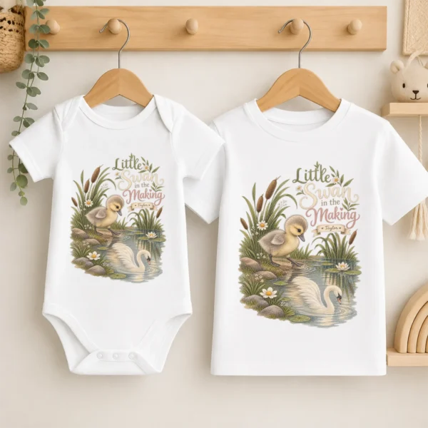 Personalized Swan Baby Bodysuit or Toddler Shirt — baby bodysuit mockup personalized swan baby bodysuit product photo