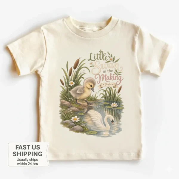 Personalized Swan Baby Bodysuit or Toddler Shirt — toddler shirt mockup personalized swan baby bodysuit alternate angle