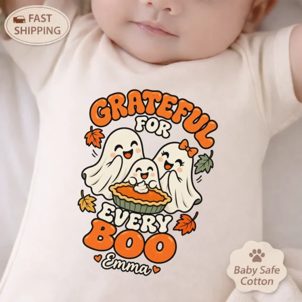 Personalized Thanksgiving Ghost Shirt, Baby Bodysuit & Kids Tee — baby bodysuit mockup personalized Thanksgiving ghost shirt baby bodysuit styled product photo